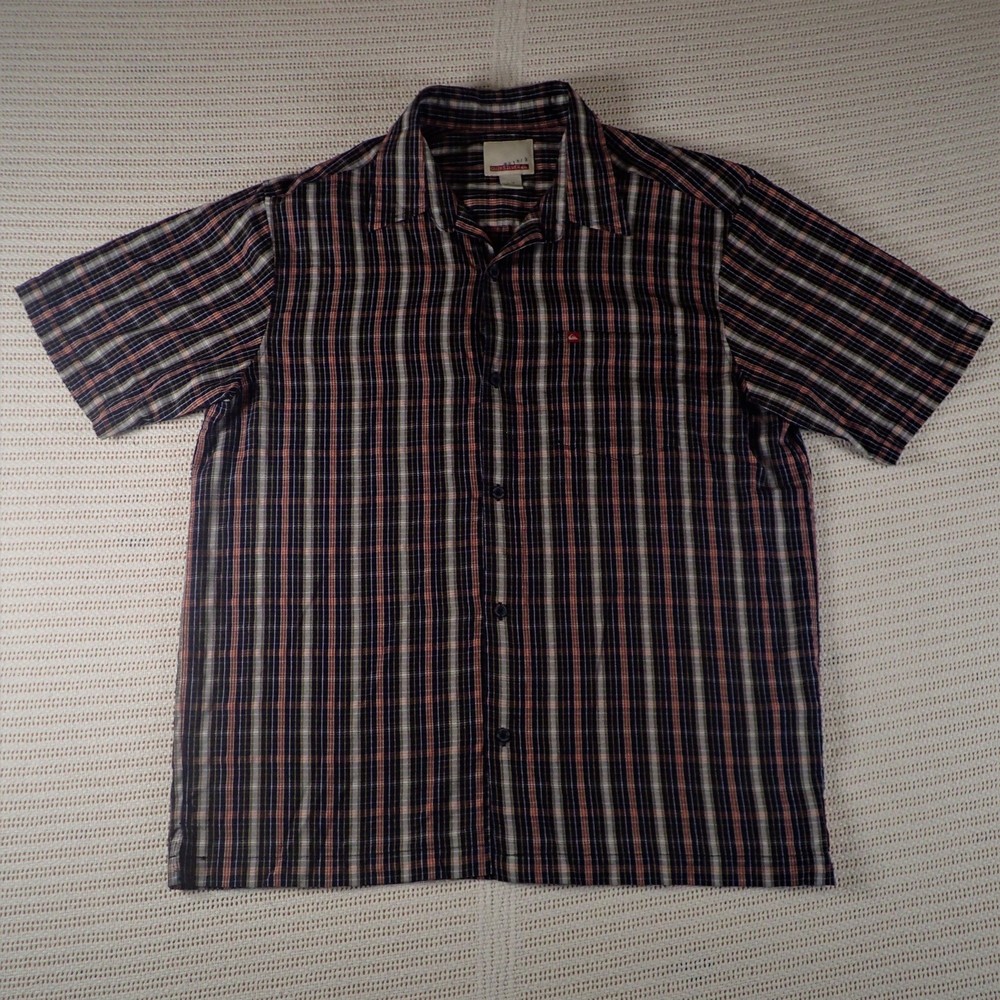 Quicksilver Men's Short Sleeve Button Up Shirt Blue with Red White Stripes